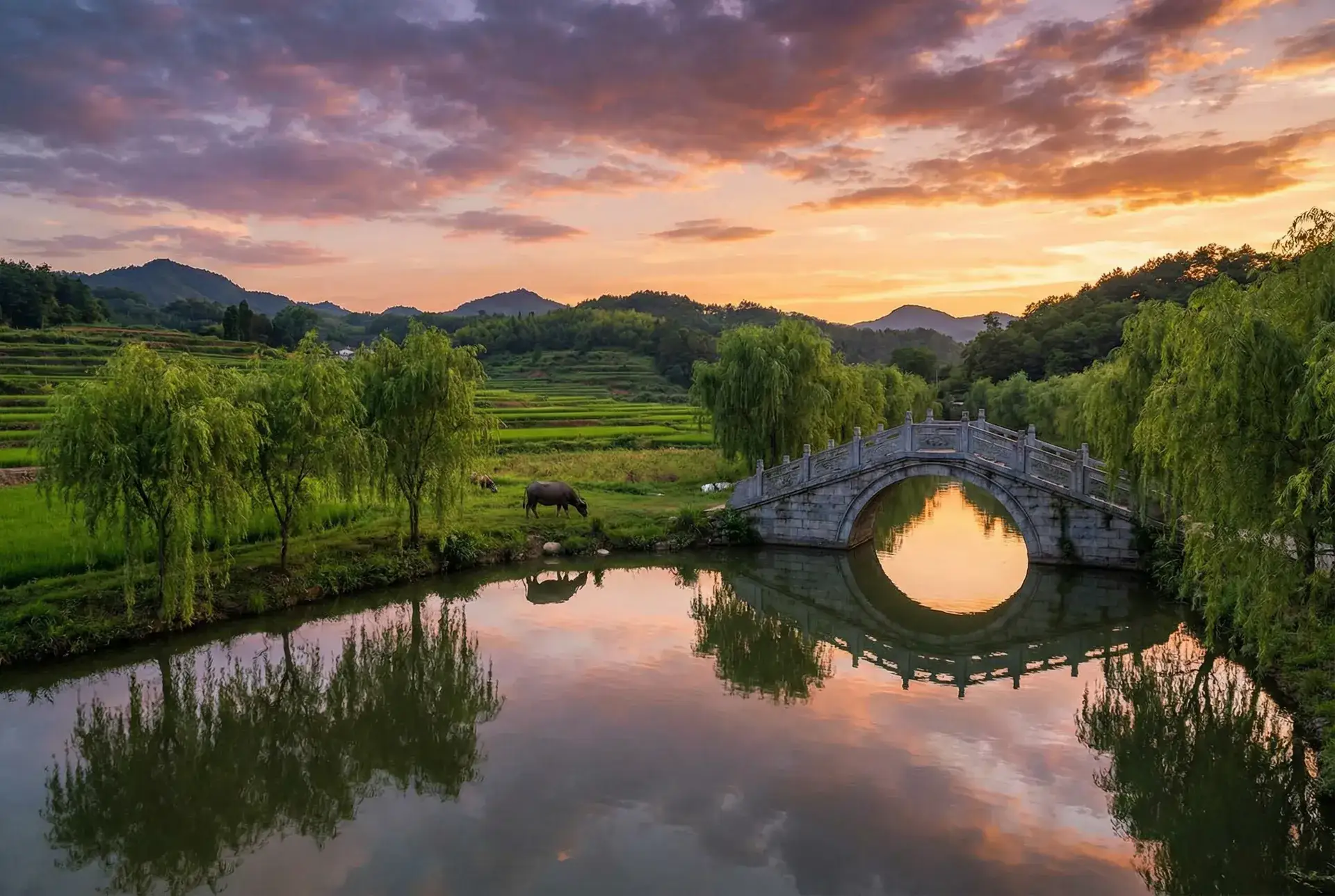 夕阳下的石拱桥与垂柳，水牛在河边吃草 - mxgs-222 乡村美景